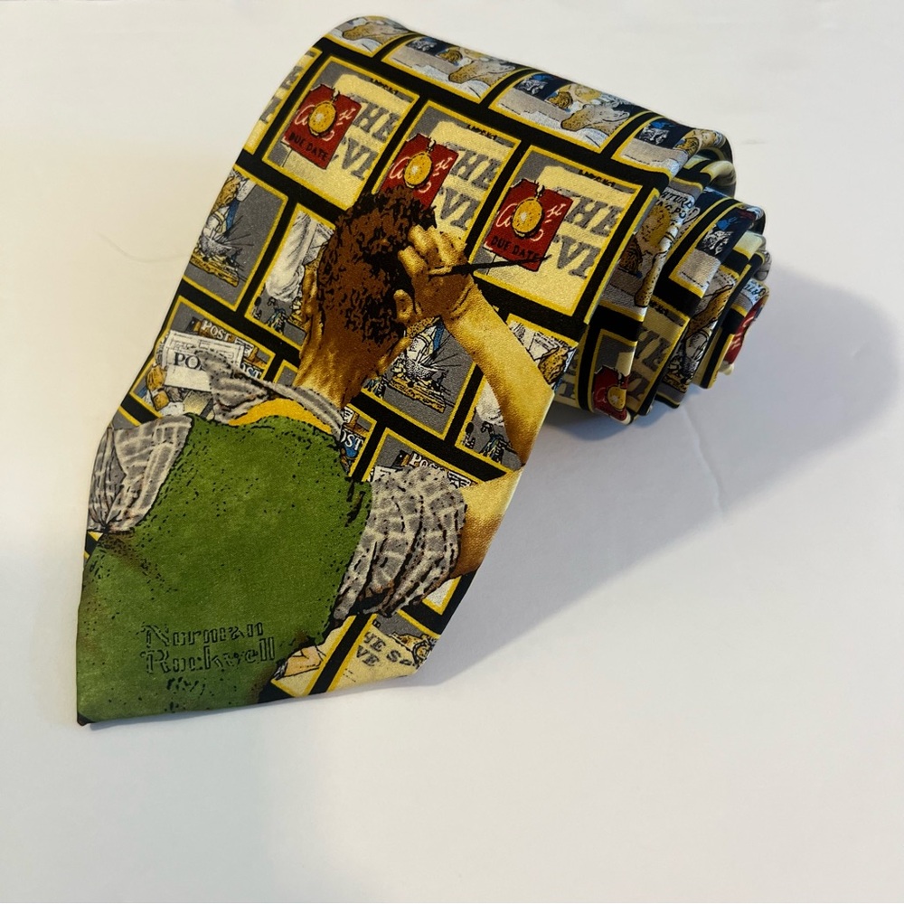 Norman Rockwell, “The Deadline”, Artistic, Green and Yellow, All Silk, Men’s Tie